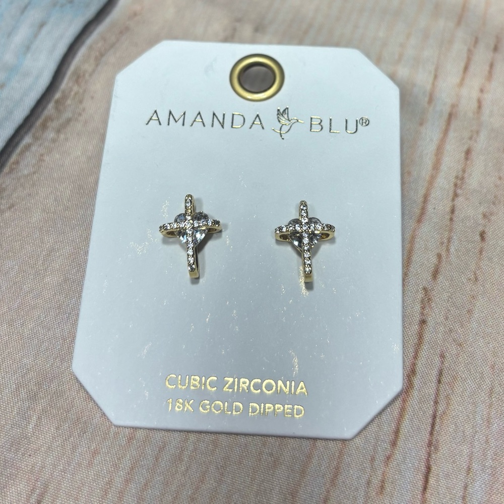 New Amanda Blu Gold-Tone Cubic Zirconia Cross Stud Earrings - Gold